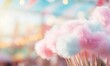 Colorful cotton candy in shop blur background with bokeh.