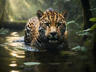 Wall Mural - An elegant jaguar stalking in a swampy forest