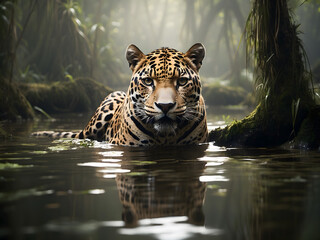 Wall Mural - An elegant jaguar stalking in a swampy water