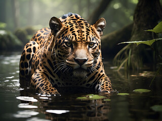 Wall Mural - An elegant jaguar stalking in a swampy water