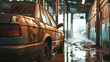 Filthy car covered in mud waiting in an industrial garage for carwash