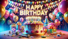 Happy Birthday Wallpapers Greeting Cards 3D Happy Birthday Background, Birthday Cake Illustration With Candles Gifts For Children And Adults, Generative AI.