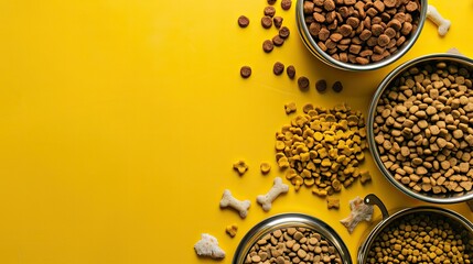 top view pet food, in different styles on top and bottom, yellow background