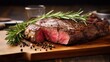 Grilled beef steak slices with rosemary on wooden board, Barbecue wagyu entrecote dry roasted beef steak, lettuce and salt