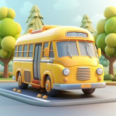 School bus on the road, presented in a 3D render clip-art. A vibrant and dynamic representation capturing the iconic image of a school bus in motion.