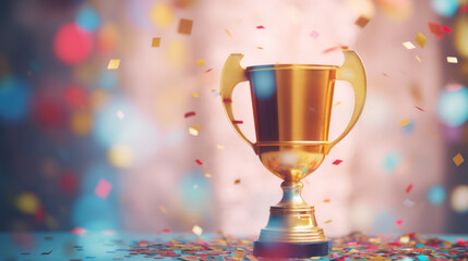 A shining golden trophy cup celebrated with colorful confetti and festive bokeh lighting.