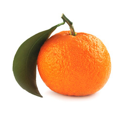 Poster - Ripe juicy tangerine isolated on a white background. Organic tangerine with green leaf. Mandarin.