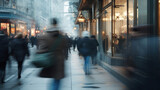 Fototapeta  - The dynamic pace of city life captured with motion blur of pedestrians on a busy urban street.
