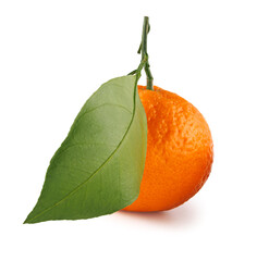 Wall Mural - Ripe juicy tangerine isolated on a white background. Organic tangerine with green leaf. Mandarin.