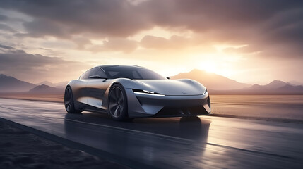  unbranded gray sports car with light effect. race track and sunset background