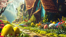 Easter Eggs And Bunny, Lively And Colorful Scene For A Joyful Easter Day