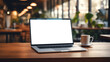 © Sunshine - Blank screen laptop computer on cafe desk, Blank screen for product display, Mock up, generative ai.