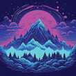 Mist magic snowy mountain range with forest psychedelic night vector illustration