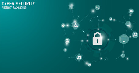 Leinwandbilder - Cyber technology security, Hi-tech vector illustration with various technology elements. Digital internet communication on green. Internet Protection concept design background.