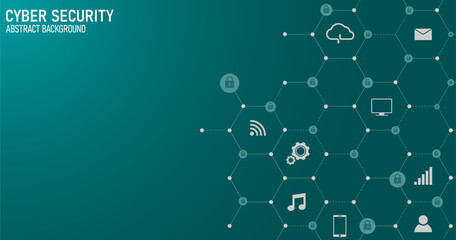 Leinwandbilder - Cyber technology security, Hi-tech vector illustration with various technology elements. Digital internet communication on green. Internet Protection concept design background.