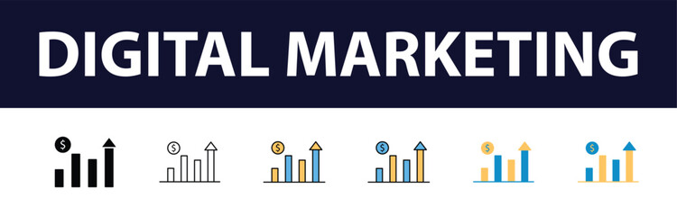 Wall Mural - Dynamic Digital Presence: Comprehensive Set of Digital Marketing Color Fill and Line Icons - Website, SEO, Social Media, Online Advertising, Mail, Content, Strategy, Target, Feedback