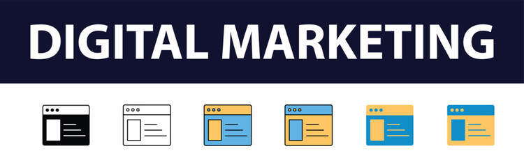 Wall Mural - Dynamic Digital Presence: Comprehensive Set of Digital Marketing Color Fill and Line Icons - Website, SEO, Social Media, Online Advertising, Mail, Content, Strategy, Target, Feedback