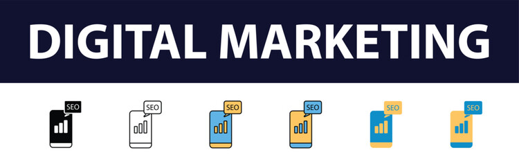 Wall Mural - Dynamic Digital Presence: Comprehensive Set of Digital Marketing Color Fill and Line Icons - Website, SEO, Social Media, Online Advertising, Mail, Content, Strategy, Target, Feedback