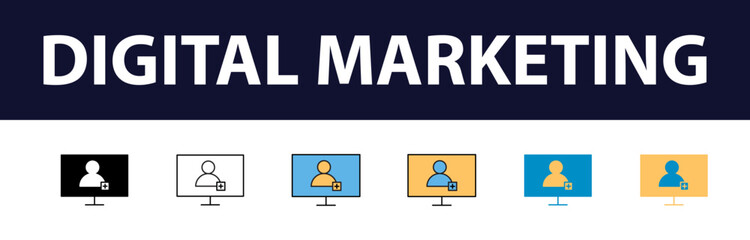 Wall Mural - Dynamic Digital Presence: Comprehensive Set of Digital Marketing Color Fill and Line Icons - Website, SEO, Social Media, Online Advertising, Mail, Content, Strategy, Target, Feedback