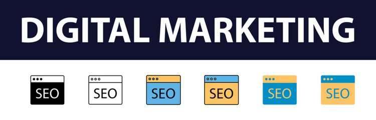 Wall Mural - Dynamic Digital Presence: Comprehensive Set of Digital Marketing Color Fill and Line Icons - Website, SEO, Social Media, Online Advertising, Mail, Content, Strategy, Target, Feedback