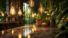 Vintage Edison Bulbs Casting Warm Light On A Reflective Marble Countertop Surrounded By Lush Greenery.