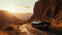 A Matte Black Convertible Winds Through A Canyon, Friends Laughing As The Sun Sets Behind Rugged Cliffs.