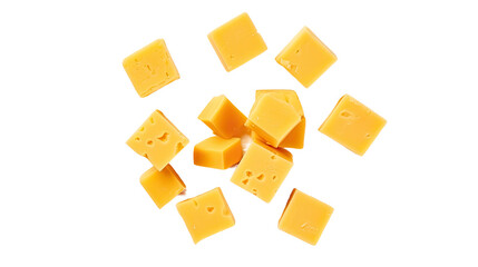 Cheddar cheese cubes isolated on a white background. Top view