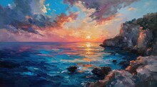 Impressionist Oil Painting, Beautiful, Dramatic, Puglia Sunset In Italy During Summertime
