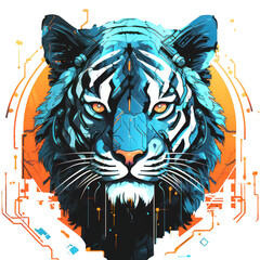 Tiger head blue cybernetic futuristic robot fantasy isolated ono transparent background