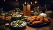 Jalapeno Poppers with cream cheese salad and chicken popcorn and drinks pub food present on table