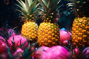  Numerous pineapples surrounded by a refreshing splash of water