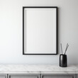© Illustration - Close up blank poster mock up with fine black frame, wall neutral white color