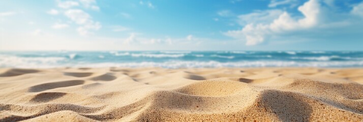 Wall Mural - Close-up of sand with blurred ocean sky background on a summer day