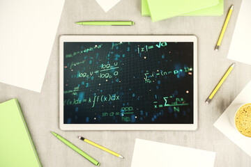 Aufkleber - Creative scientific formula hologram on modern digital tablet screen, research concept. Top view. 3D Rendering