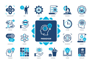 Paradigm icon set. Philosophy, Science, Theory, Thought Pattern, Rhetoric, Postulate, Paradigm Shift, Sociology. Duotone color solid icons