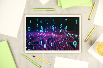 Aufkleber - Creative abstract binary code hologram on modern digital tablet display, AI and machine learning concept. Top view. 3D Rendering