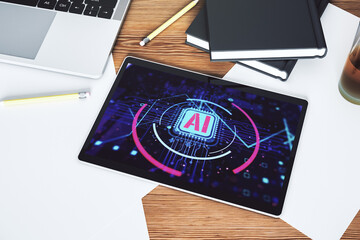 Poster - Top view of modern digital tablet screen with creative artificial Intelligence abbreviation. Future technology and AI concept. 3D Rendering