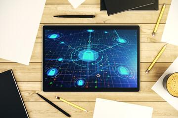 Poster - Creative lock sketch with chip hologram on modern digital tablet screen, protection of personal data concept. Top view. 3D Rendering