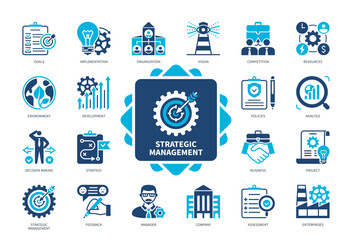 Poster - Strategic Management icon set. Goals, Planning, Decision Making, Analysis, Environment, Enterprise, Vision, Resources. Duotone color solid icons