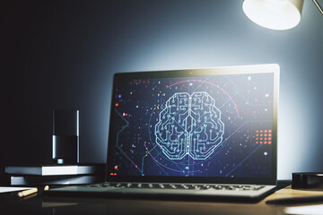 Poster - Creative artificial Intelligence concept with human brain hologram on modern laptop screen. 3D Rendering