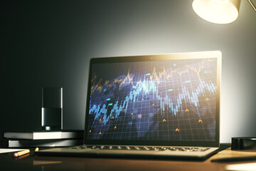 Aufkleber - Modern computer screen with abstract creative financial chart with world map, research and analytics concept. 3D Rendering