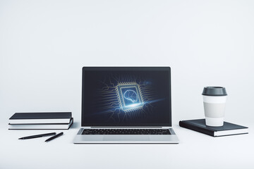 Aufkleber - Modern computer display with creative human brain microcircuit. Future technology and AI concept. 3D Rendering