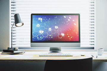 Poster - Creative abstract medical sketch on modern laptop monitor, Medicine and healthcare concept. 3D Rendering