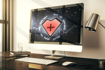 Poster - Creative abstract heart pulse hologram on modern computer monitor, online medical consulting concept. 3D Rendering