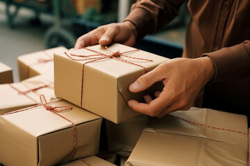 Poster - A close-up image of hands eagerly unwrapping a delivered package, conveying the anticipation and joy of receiving goods.