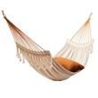 white hammock with an intricate fringe design hanging in an indoor setting
