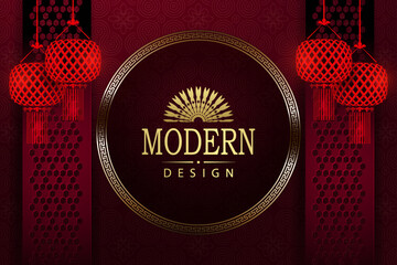 Wall Mural - Texture red composition with round frame, lanterns in paper art style.