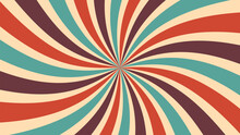 Vintage Carnival Sunburst Rays Background. Vector Symmetrical Pattern, Retro Sunlight Layout, Sunbeam Burst. Circus Backdrop With Colorful Muted Red, Blue, Brown And Beige Curve Radiating Stripes