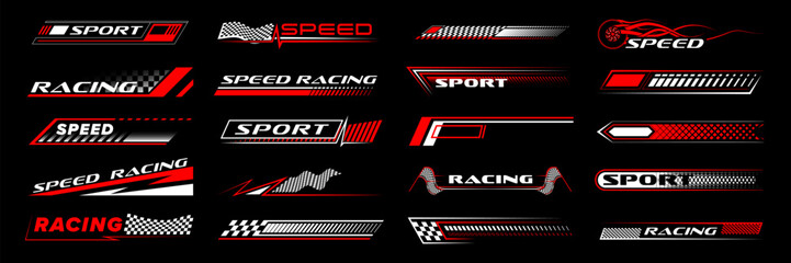 Racing sport car stickers and race line decals with checkered pattern, vector stripes. Auto art decals with car wheel, start or finish flag and red halftone racing pattern background for car stickers