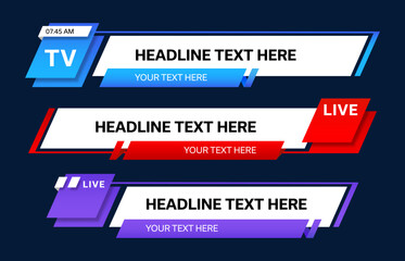 Wall Mural - Color world news bar lower third tv header, headlines display essential information on television broadcasts. Vector video titles, blue, red and purple overlay. Isolated strips, layout with text